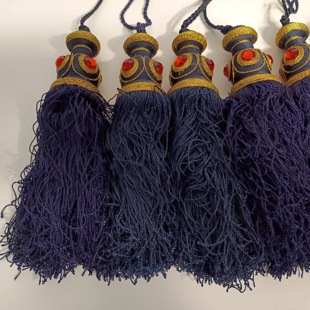 16 Navy Blue Gold Jeweled Tasseled Christmas Ornaments, Curtain Tassels, 7